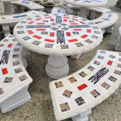 Concrete Mosaic Picnic Table with 3 Benches/ Outdoor Patio Furniture
