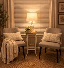 Two chairs, lamp, cushions and lamp table