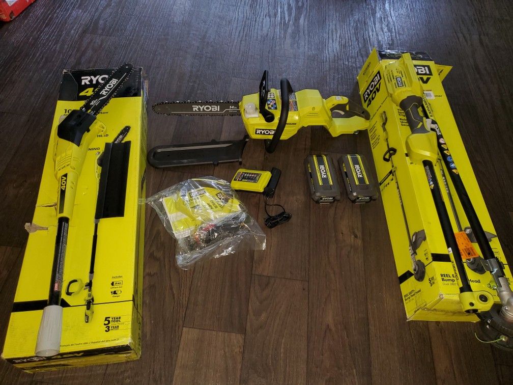 RYOBI40V Brushless 14 in. Cordless Battery Chainsaw and 10 in. Cordless Pole Saw w/ 4.0Ah Battery and Charger