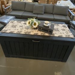 Modern Outdoor Sofa Set + Storage Box – $350  ✨ Stylish & Comfortable ✨ 	•	Includes: • 4-seat straight sofa • 1 single armchair • 3 cushioned ottomans