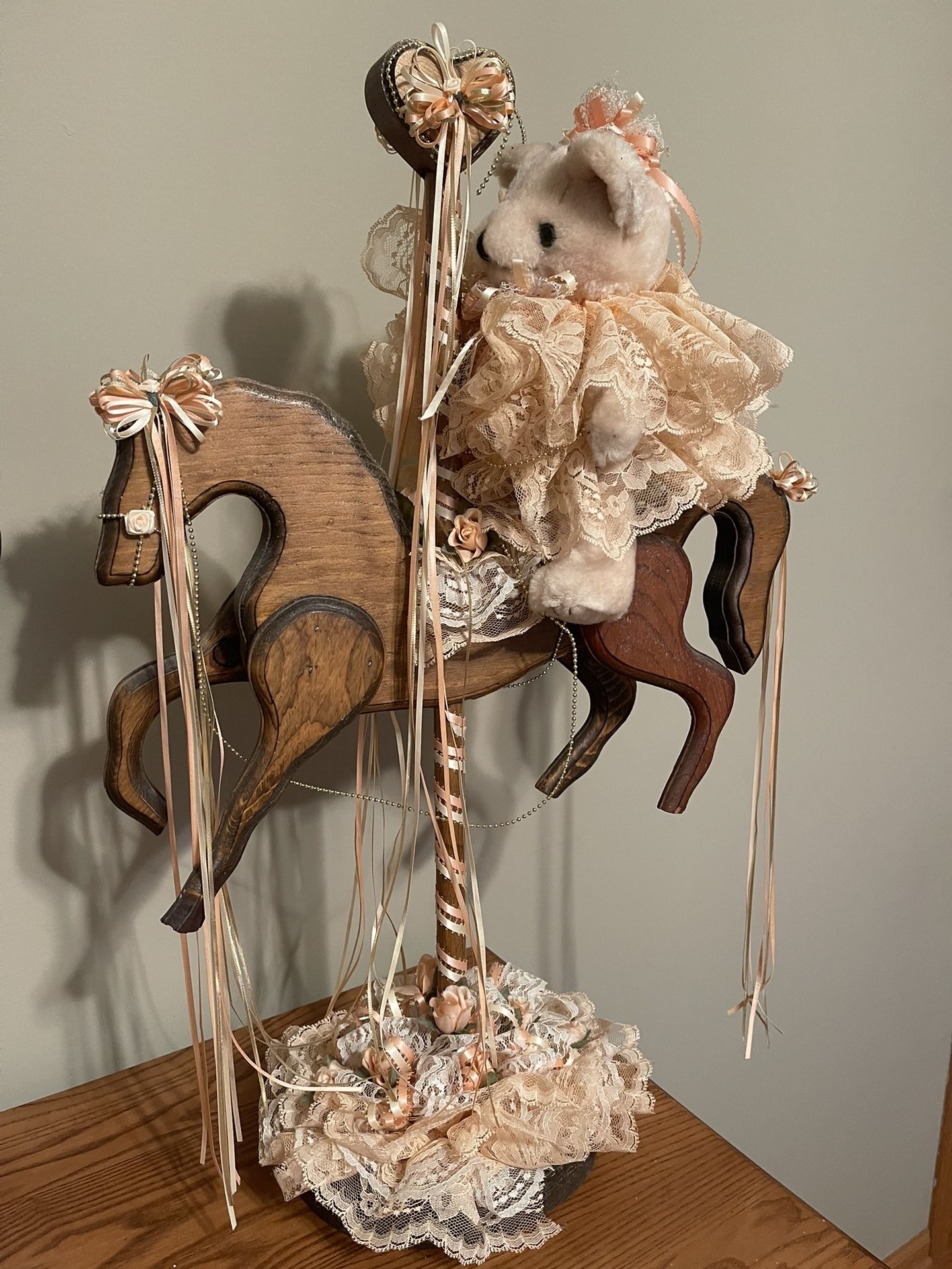 Beautiful Decorated Wooden Rocking Horse With Teddy Bear