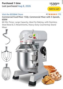 BOSBAK 15Qt Commercial Stand Mixer 600W