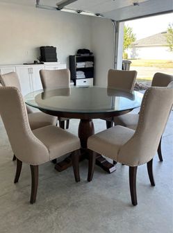 Living Spaces Round Dining Table with Glass Top + 6 Chairs