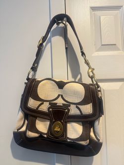 Coach Ali Brown and Cream Linen Bag