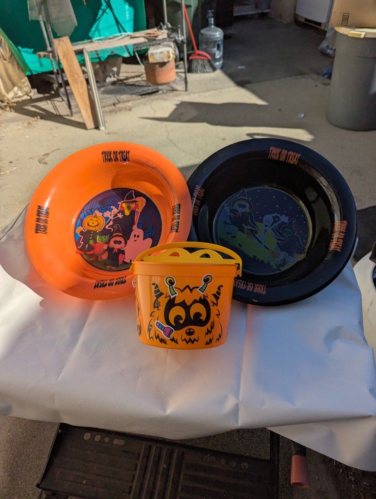 Halloween Bucket And Two Candy Bowls 