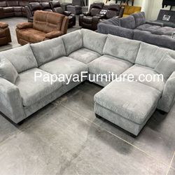 New! Light Grey Sectional, Sectional And Ottoman, Living Room Furniture, Sectionals, Sofas, Couch, Grey Couch, Grey Sofa, L-Shaped Sofa,Corduroy Couch