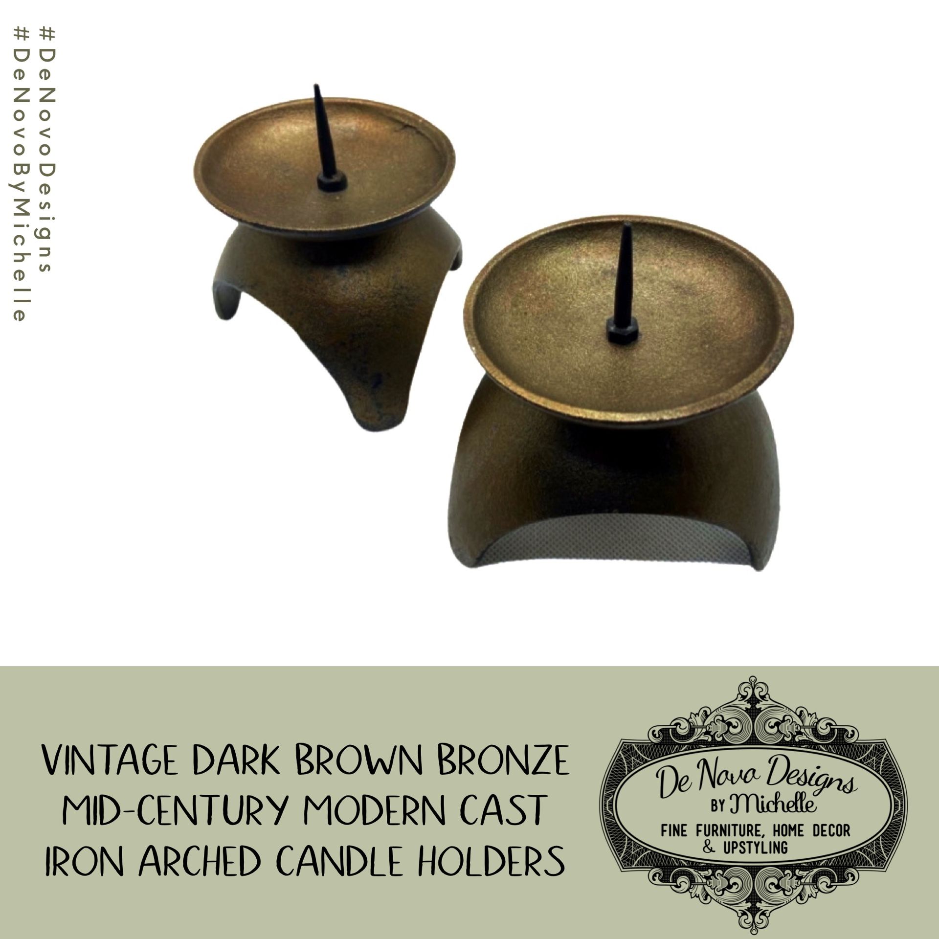 Vintage Three Footed Dark Brown Bronze Mid-Century Modern Cast Iron Arched Candleholders (Set of 2)