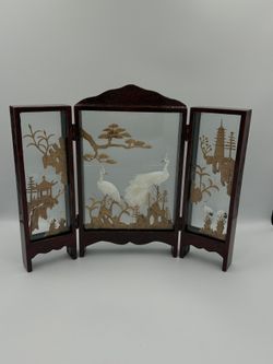 Vintage Chinese Handmade Corkwood Diorama Foldable Table Screen