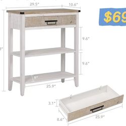 😀 RUSTOWN Rustic Farmhouse Console Table, 3-Tier Narrow Washed White with Drawer Entryway Table Open Storage Shelves Handmade Metal Handle Foyer Sofa