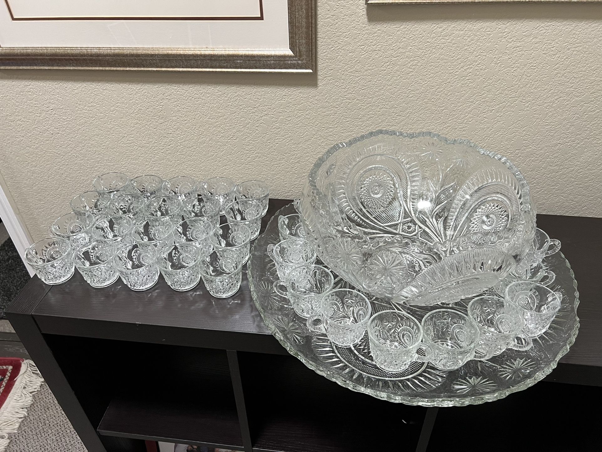 Vintage Glass Punch Bowl Set – 36 Cups + Matching Base Plate