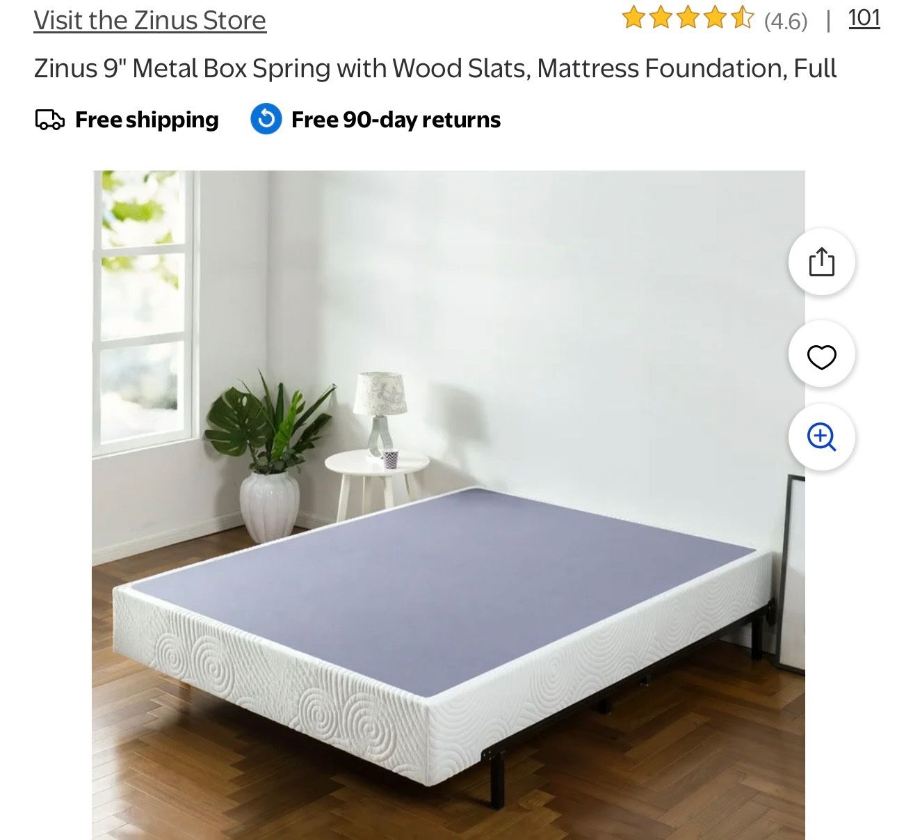 Zinus 9" Metal Box Spring with Wood Slats, Mattress Foundation,  FULL