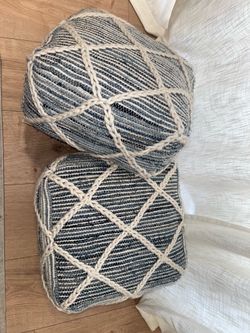 Boho Square Poufs in Blue and Natural - Handloom Woven