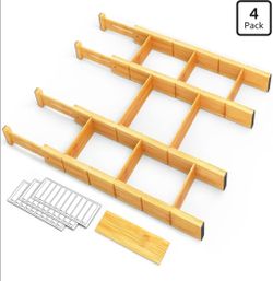 SpaceAid Bamboo Drawer Dividers with Inserts and Labels, Kitchen Adjustable Drawer Organizers, Expandable Organization for Home, Office, Dressers, 4 D