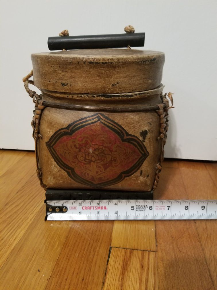 Storage Container; brown and red; handle broken on top-$5