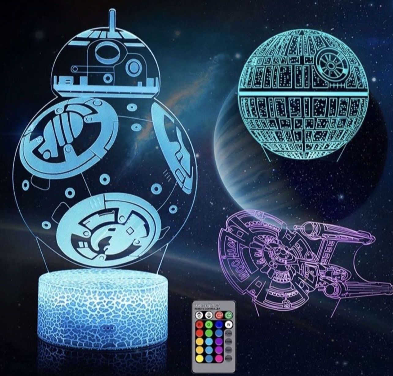 3D Illusion Night Light for Kids, LED Desk Lamp 3 Pattern & 16 Color Change Decor Nightlight, Death Star/BB-8/Starships Toys As Best Gifts for Kids an