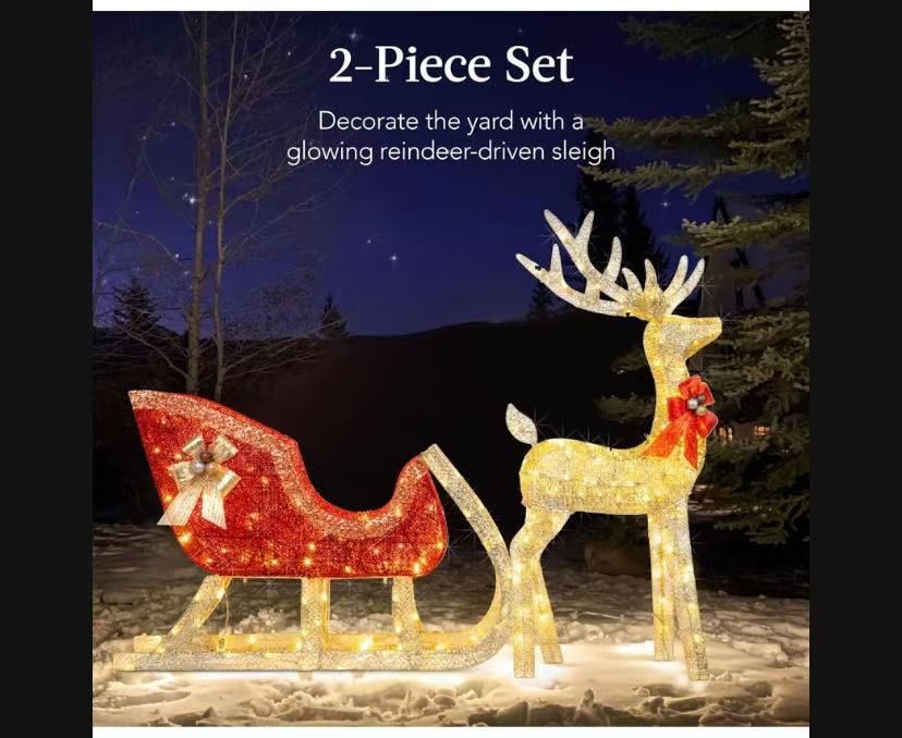 Best Choice Products Lighted Christmas 4ft Reindeer & Sleigh Outdoor Yard Decoration Set w/ 205 LED Lights, Stakes, Zip Ties - Gold