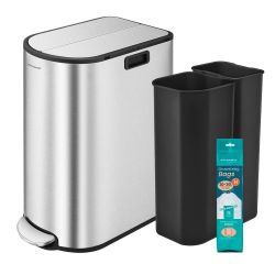 13-Gallon Dual Kitchen Trash Can, 5.3 and 8 Gallon Compartments, Garbage Can with Wing Lids, Stainless Steel, Soft Close, Inner Buckets, Metallic Silv