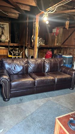 Dark Brown Leather Sofa with Nailhead Trim