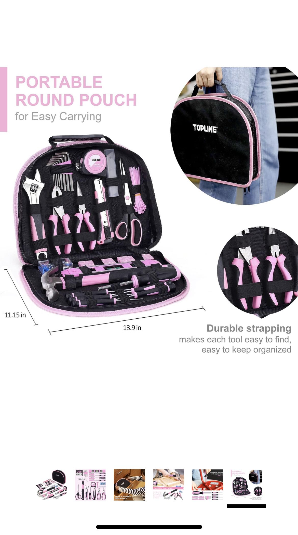 TOPLINE 208-Piece Pink Tool Kits for Women with Round Pouch, Small Tools  Kit for Apartment, Home, Household Ladies Pink Tool Set for Best Gifts and