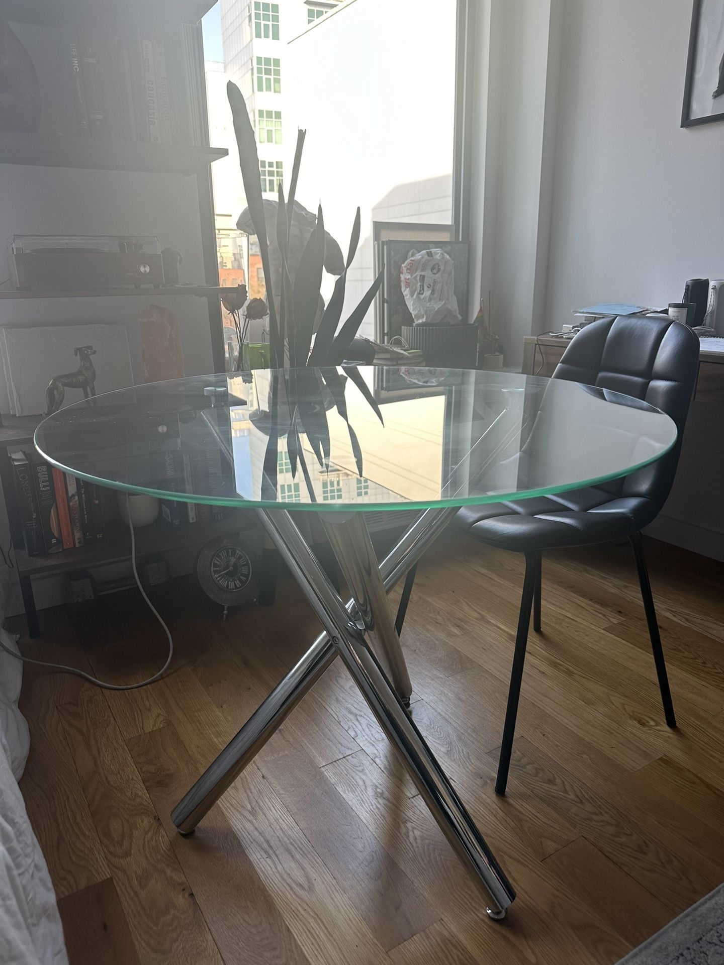 Round Glass Dining Table - Clear Tempered Glass Top with 3 Chrome Legs