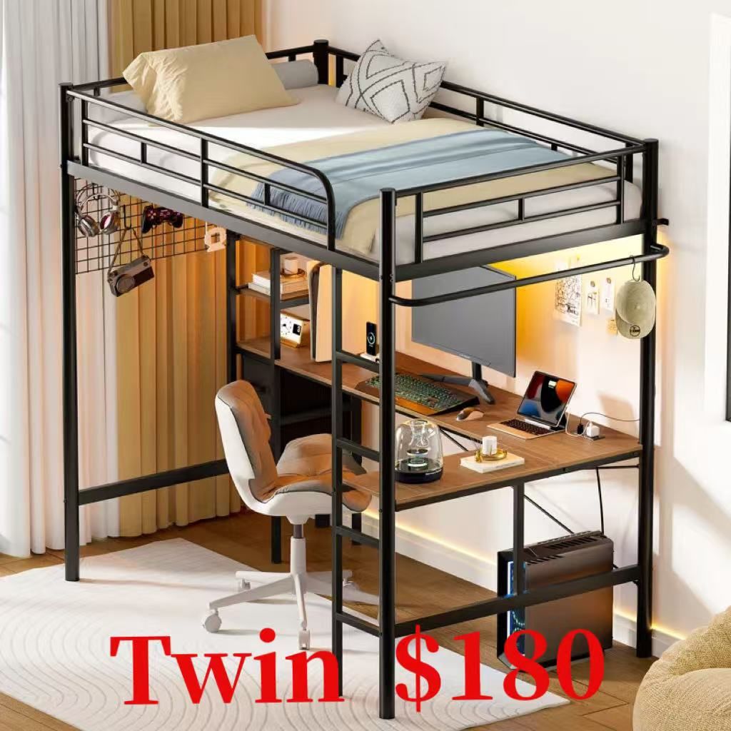 Twin Metal Loft Bed with L-Shaped Desk, Loft Bed Frame with Charging Station, Storage Bed with 2 Drawers & Open Shelf, Safety Guard & Ladder