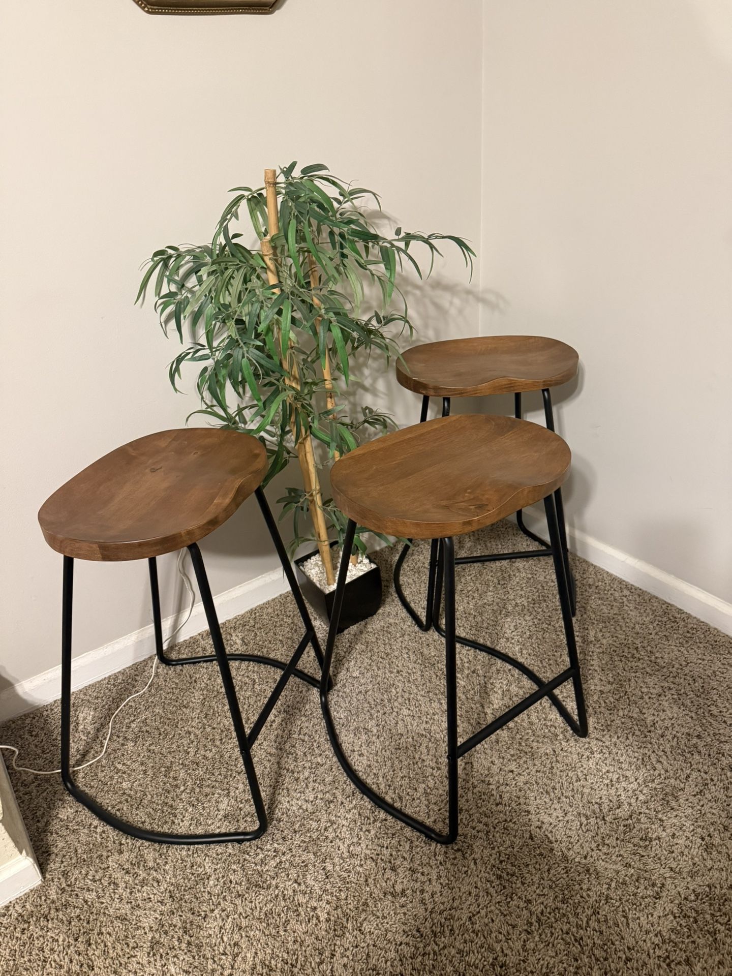 Set of 3 Modern Wood & Metal Bar Stools – Brand New Counter Height Chairs