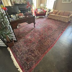 Antique Hand‑Knotted Persian Rug – Red & Navy Medallion, Wool, Estate Find 10x16