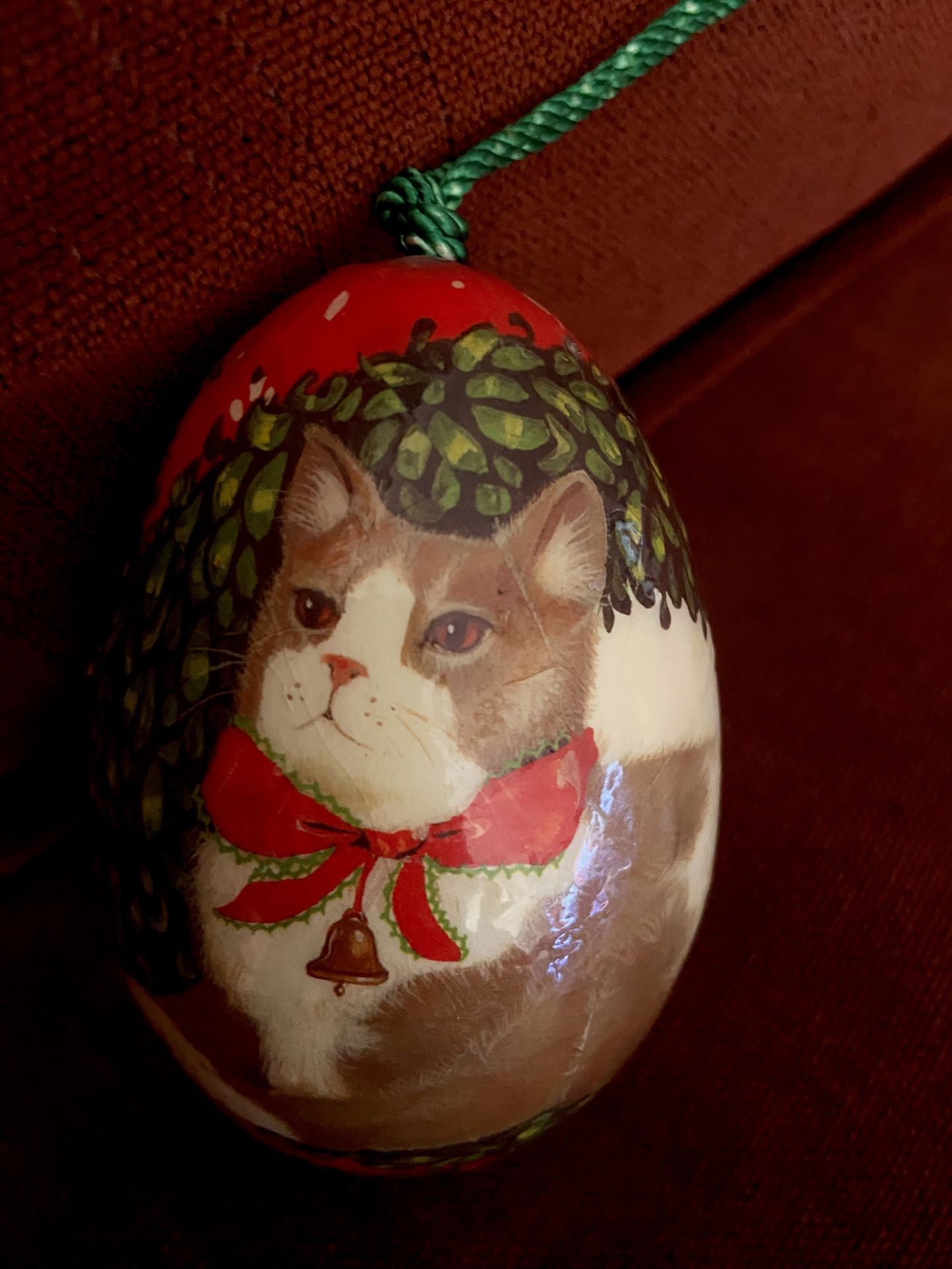 Vintage 1980’s Decoupage Papier Mache Cat Christmas Ornament 6” High -USA