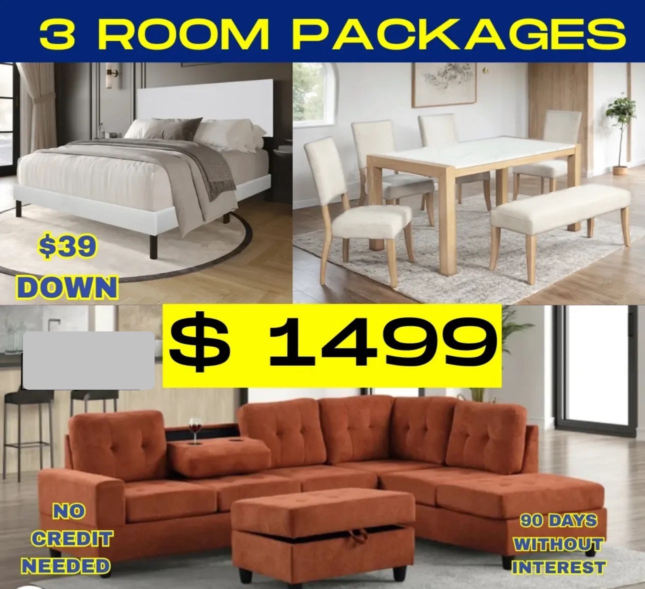 NEW 3 ROOM PACKAGE DEAL BED MATTRESS DINING ROOM SECTIONAL SOFA AND FINANCING