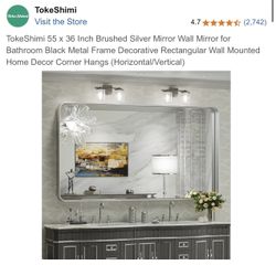TokeShimi 55 x 36” Brushed Silver Mirror Wall Mirror for Bathroom Black Metal Frame *2 Available*