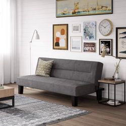 69 Inch Futon Sofa Bed in Microfiber, Modern Armless Upholstered Couch Sleeper with Tufted Back and Seat, Dark Gray