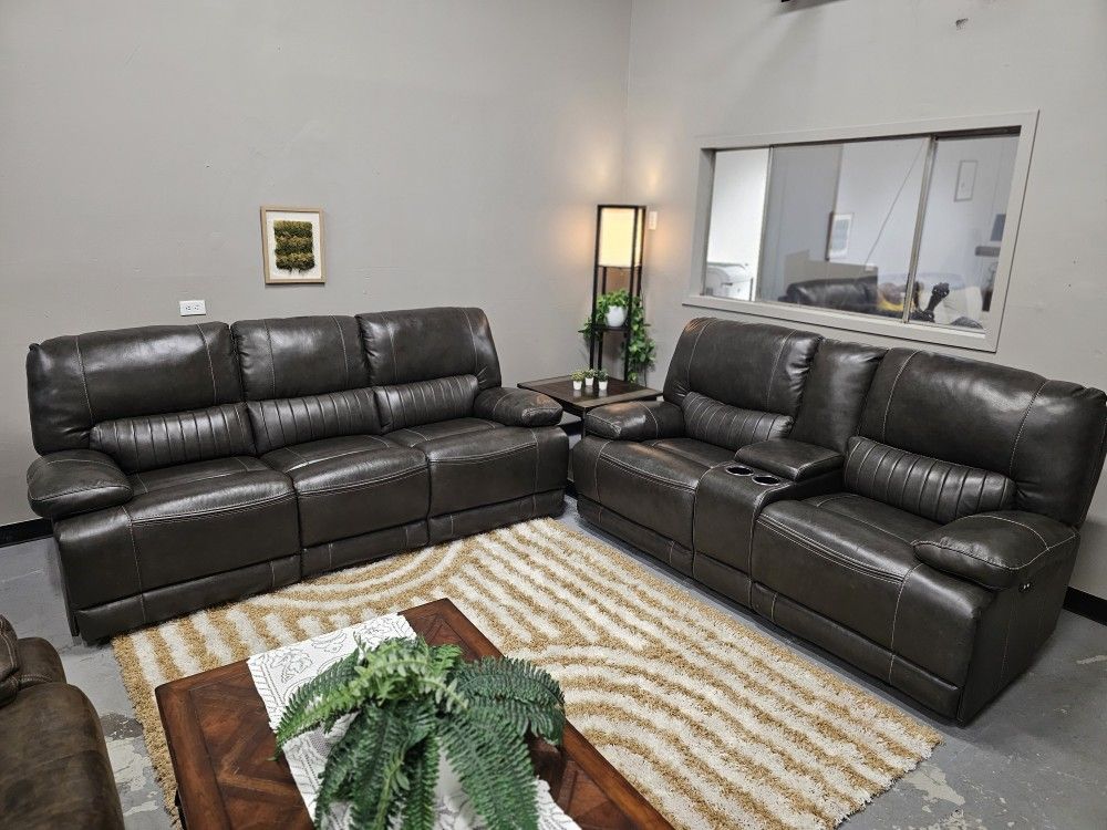 Reclining Sofa Set – Power + Manual | Deep Charcoal-Green Leather