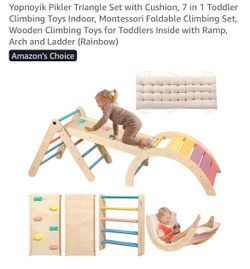 Yopnoyik Pikler Triangle Set with Cushion, 7 in 1 Toddler Climbing Toys Indoor, Montessori Foldable Climbing Set, Wooden Climbing Toys for Toddlers In
