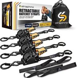 Strapinno Retractable Ratchet Straps (4-Pack), 1 in x 10 ft, 1,500LBS Break Strength, Most Durable Straps and Core, Auto Self Retracting Tie Downs for