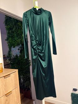 Green Satin Ruched Midi Dress
