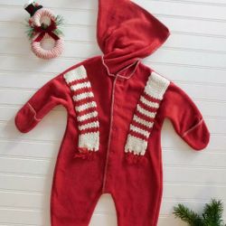 Vtg Old Navy Baby Gender Neutral Red Fleece Snowsuit 3-6 Months Christmas Scarf
