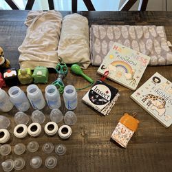 5 Dr Brown’s Baby Bottles And Crib Sheets, Blanket, Toys
