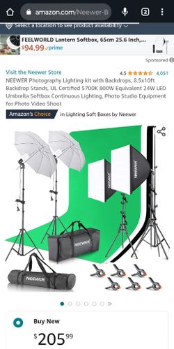 Sponsored 

Visit the Neewer Store

4.5 4.5 out of 5 stars 4,051Reviews

NEEWER Photography Lighting kit with Backdrops, 8.5x10ft Backdrop Stands, UL 
