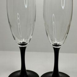 Pair of Vintage 8" Luminarc Domino Black Stem Onyx Champagne Flute Glasses