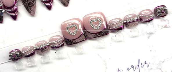 Press on toenails black lace pink chrome French tips silver