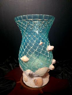 Blue Glass Mosaic Seashell Candle Holder. Coastal Nautical Decor. Blue Glass 10"