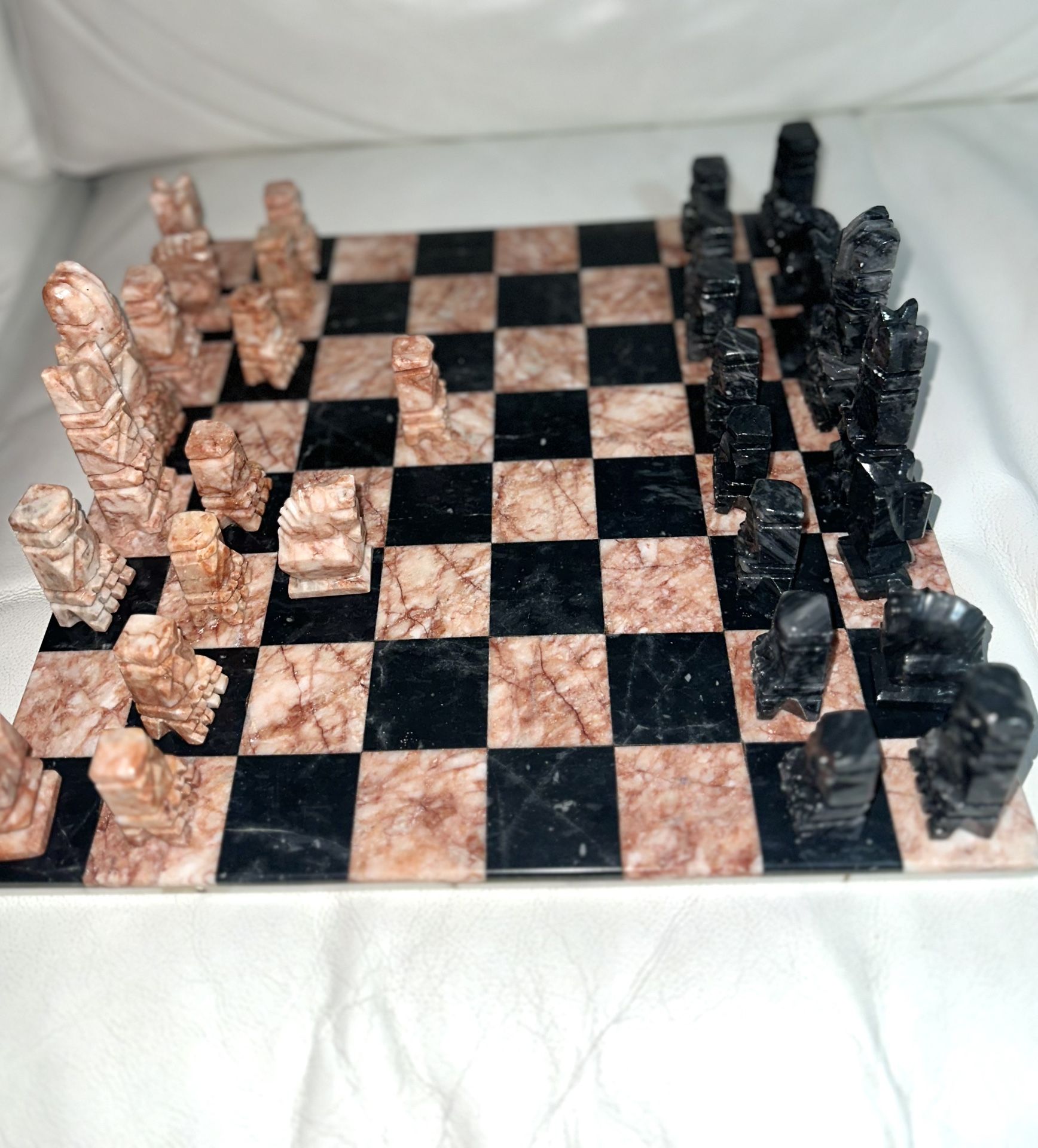 Vintage Aztec Onyx Marble Rose Pink and black Chess Set Board Hand Carved Pieces 13 1/2"