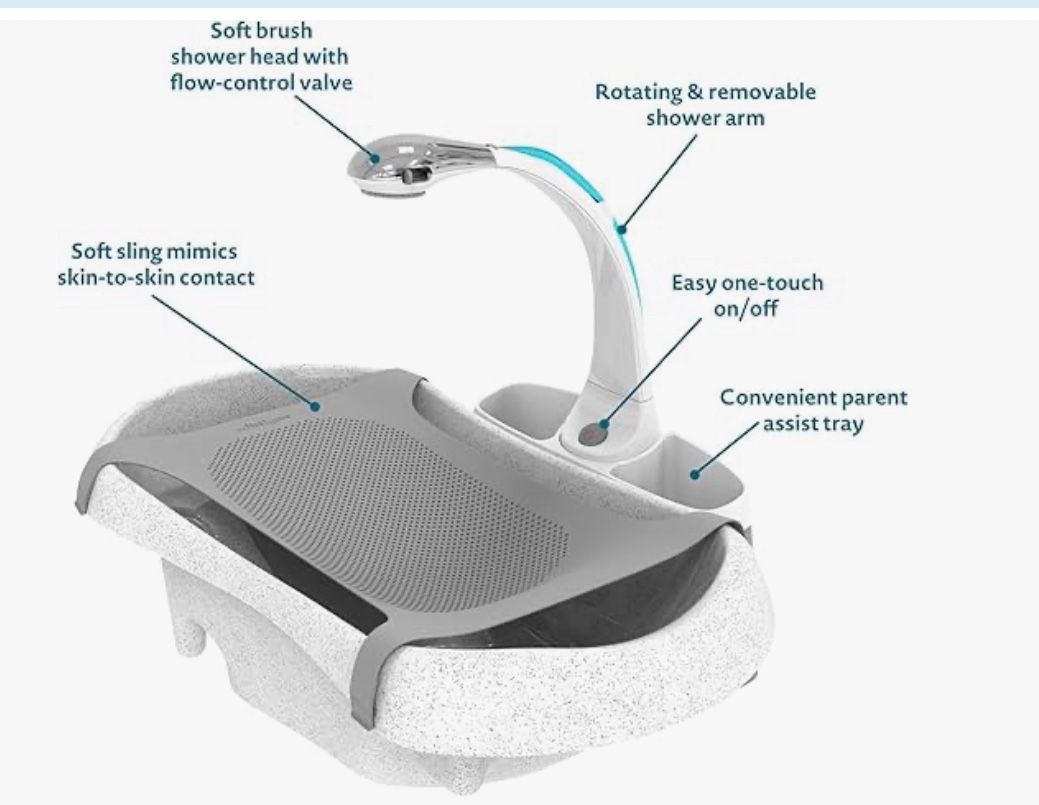 The First Years Rain Shower Baby Bathtub Set - Includes Infant Sling, Soothing Spray Shower Head, Fresh Water Tank and Built in Soft Brush - 3 in 1 Gr