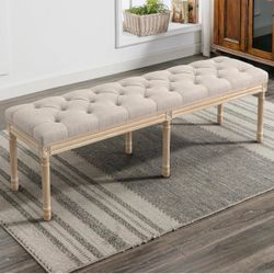 60" Fabric End of Bed Bench, Upholstered Tufted French Bedroom Bench with Carved Legs for Bedroom End of King Size Bed, Living Room, Linen