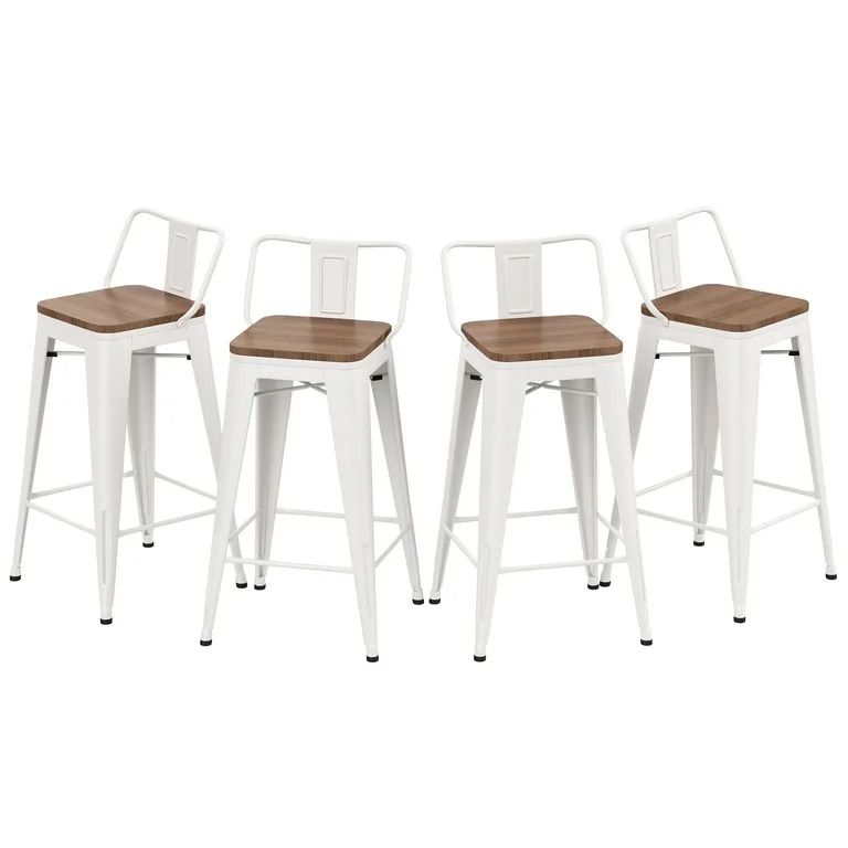 Andeworld Metal Bar Stools Set of 4 Industrial 26" Seat Height Counter Stools with Back Bar Chairs (Wooden Top Low Back, White