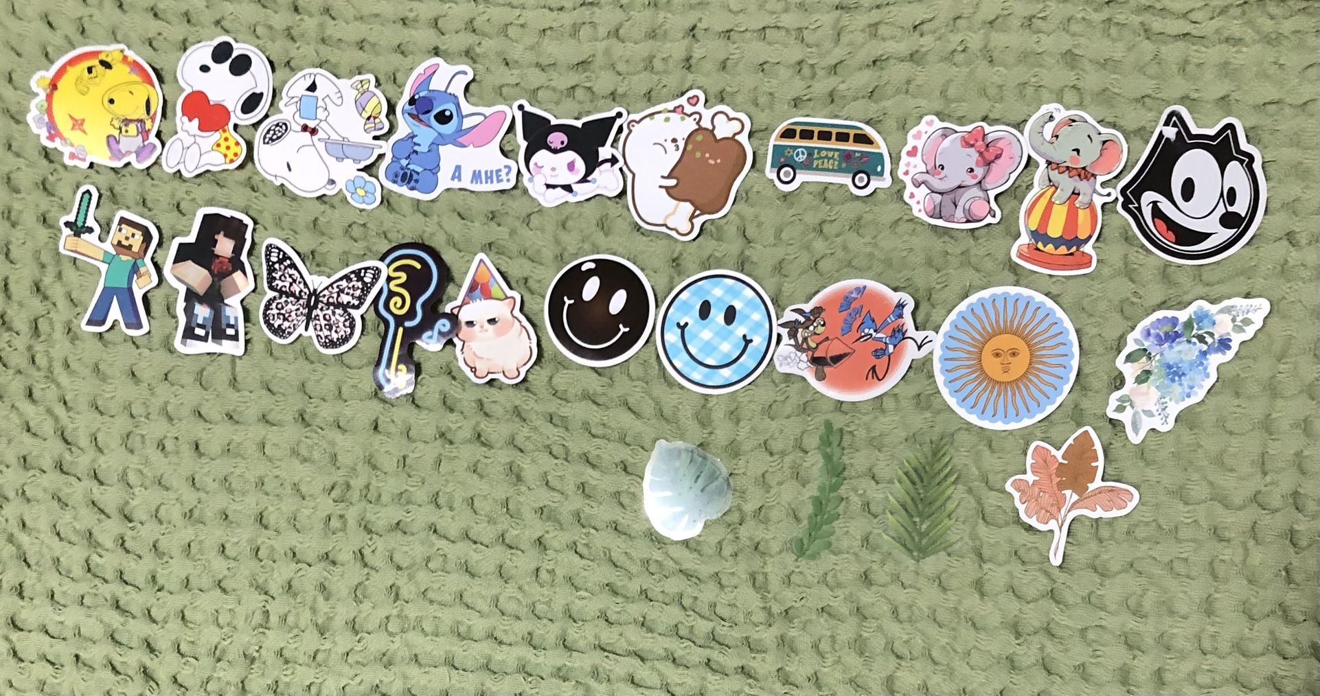 Assorted 24 cute Stickers peanuts Kuromi Stitch Minecraft elephant love peace.