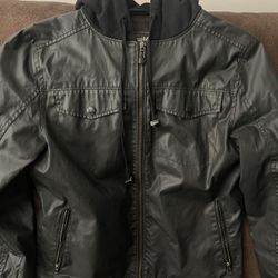 Leather Jacket Black With Hoodie Size Medium