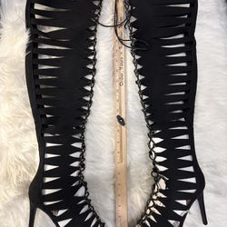 New/Box: Anne Michelle Black Over the Knee Lace-Up Boots; Y2K; cosplay; goth