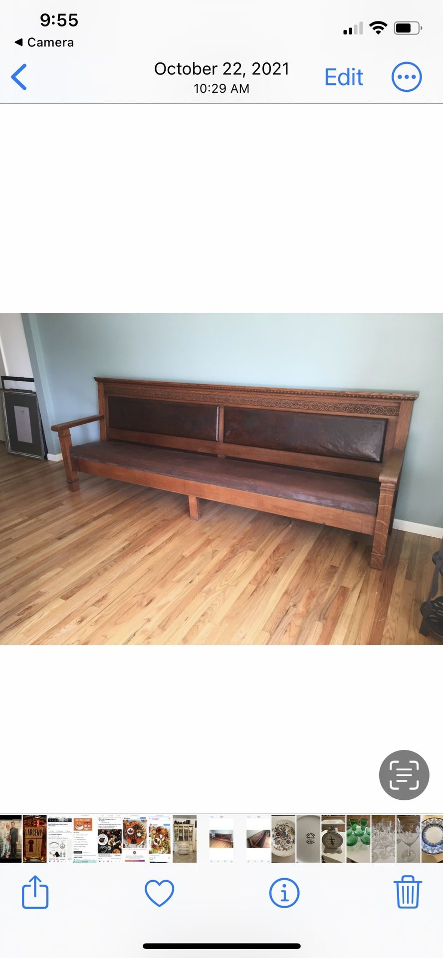 Amazing Antique Oak and Leather Bench