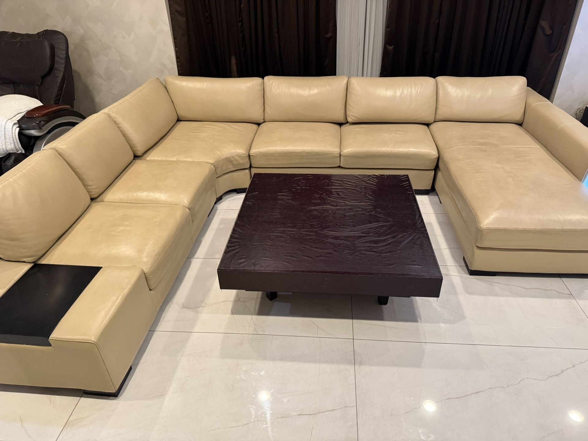 Large Beige Leather Sectional Sofa – Good Condition